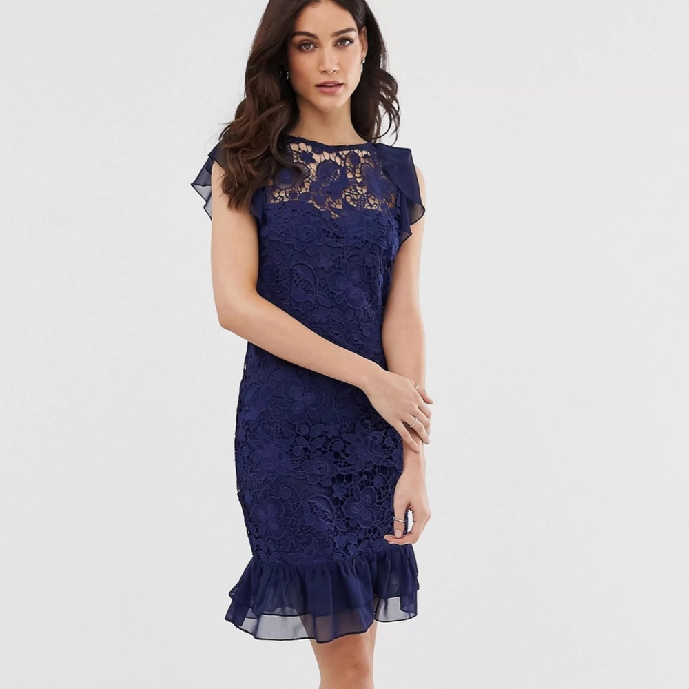 Navy capped sleeve lace midi dress